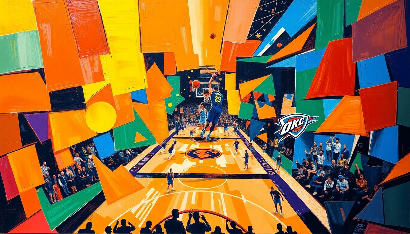 A cubist-style painting featuring fragmented, overlapping geometric shapes in bright orange, blue, and green hues, conceptually representing the high-intensity action and energy of a basketball game between the Phoenix Suns and Oklahoma City Thunder.