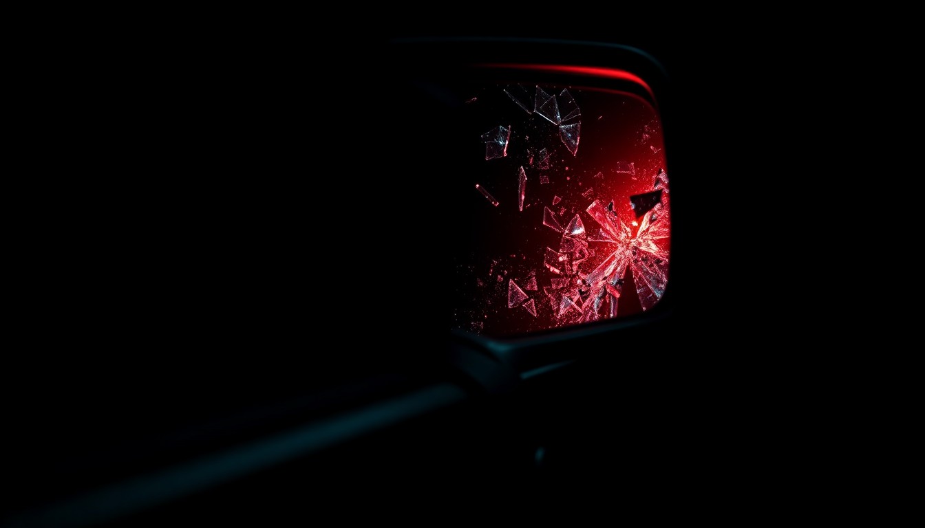An extreme close-up photograph of a shattered car side mirror, reflecting a faint red light, against a pitch-black background, conceptually illustrating the aftermath of a hit-and-run crash.