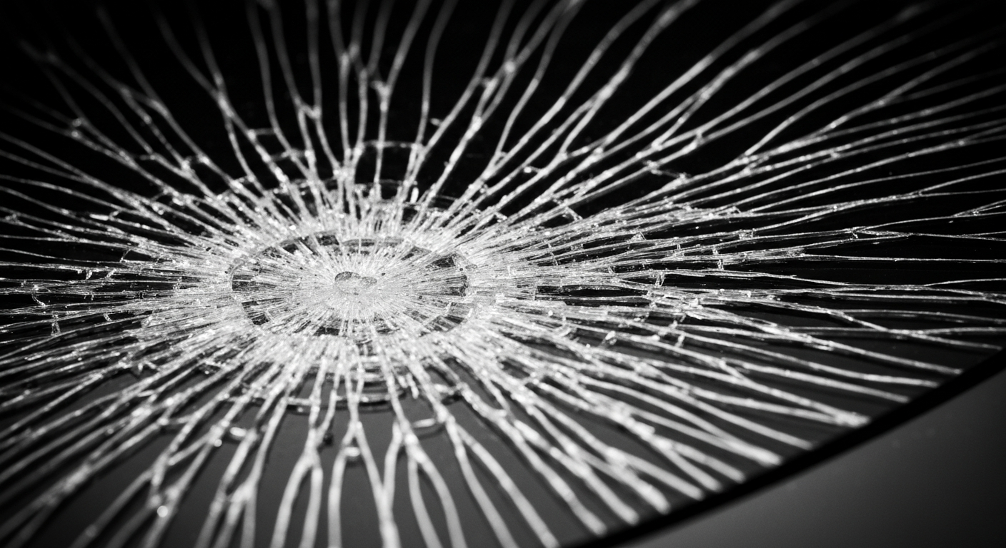 An extreme close-up of a shattered car sensor lens reflecting a faint red light, conceptually illustrating the vandalism of self-driving cars.
