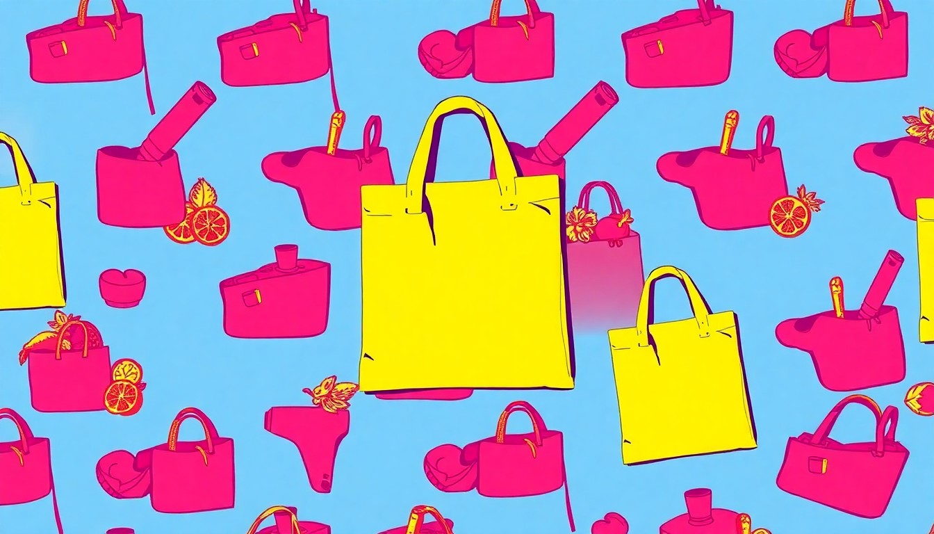 A brightly colored, high-contrast silkscreen print of a reusable grocery bag in a repeating grid pattern, conceptually representing the iconic status and community-driven values of the Rainbow Grocery Cooperative.