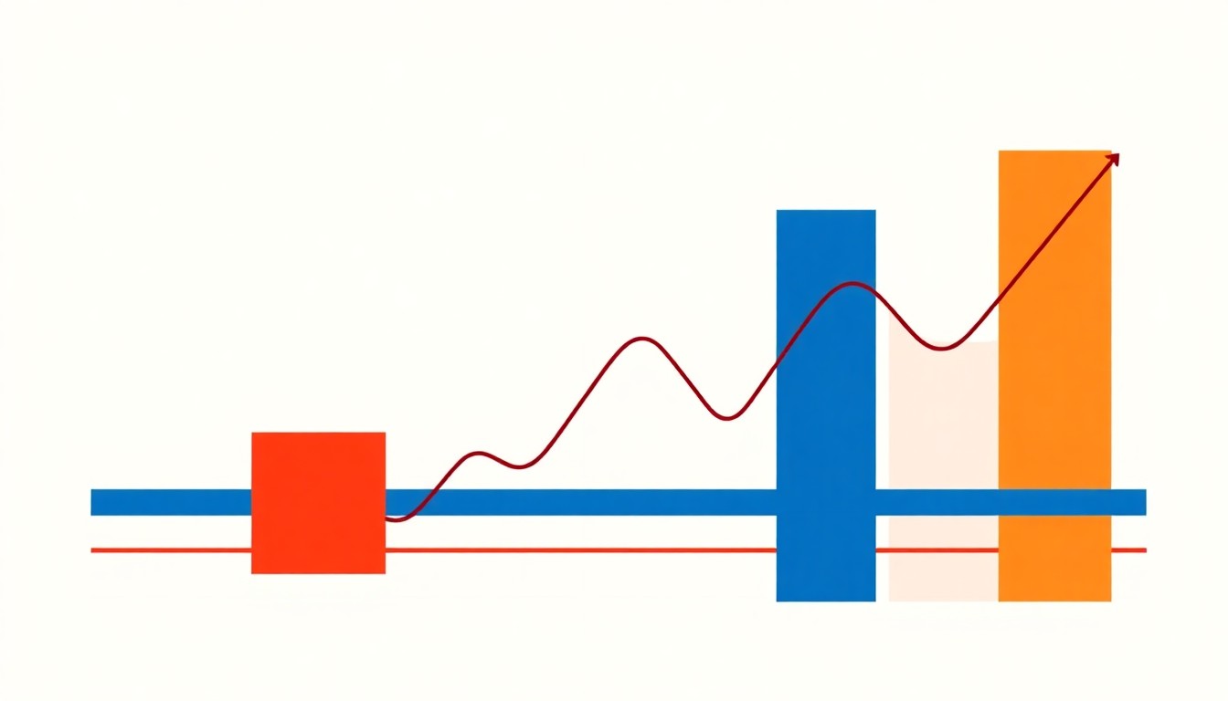 A vibrant composition of overlapping triangles and circles in shades of blue, red, and yellow, conceptually representing the interconnected economic factors that influence stock market performance.