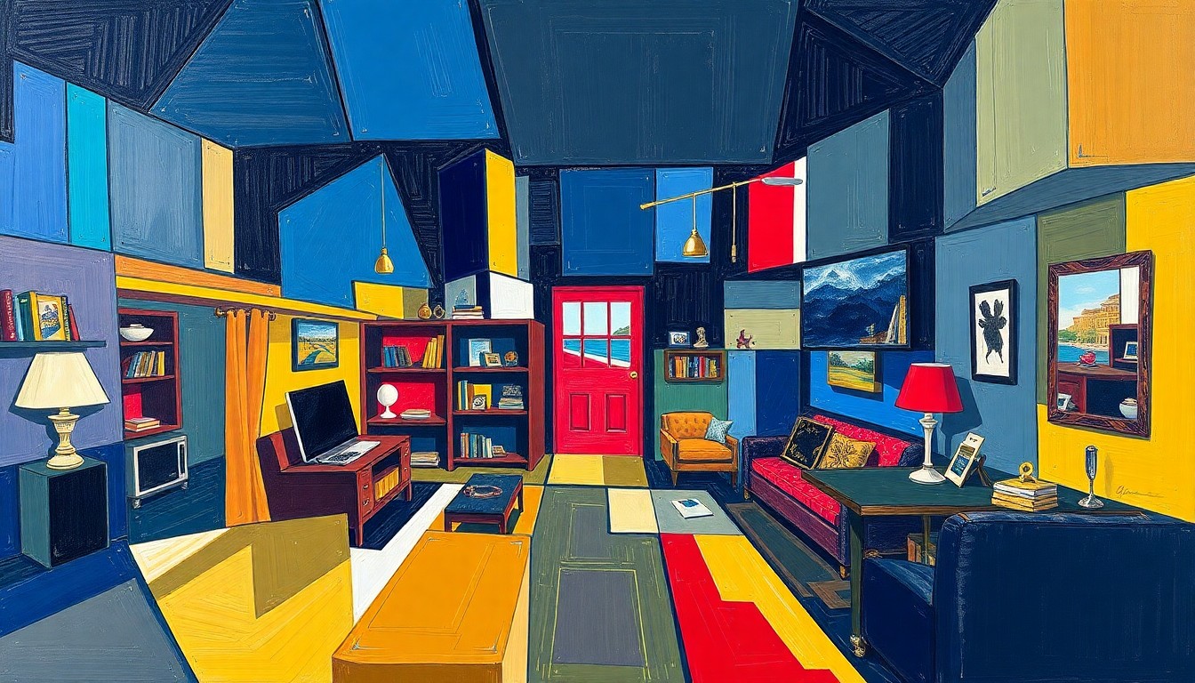 A fragmented, geometric painting in bold colors depicting the multifaceted routines and amenities of an NFL player's life behind the scenes.