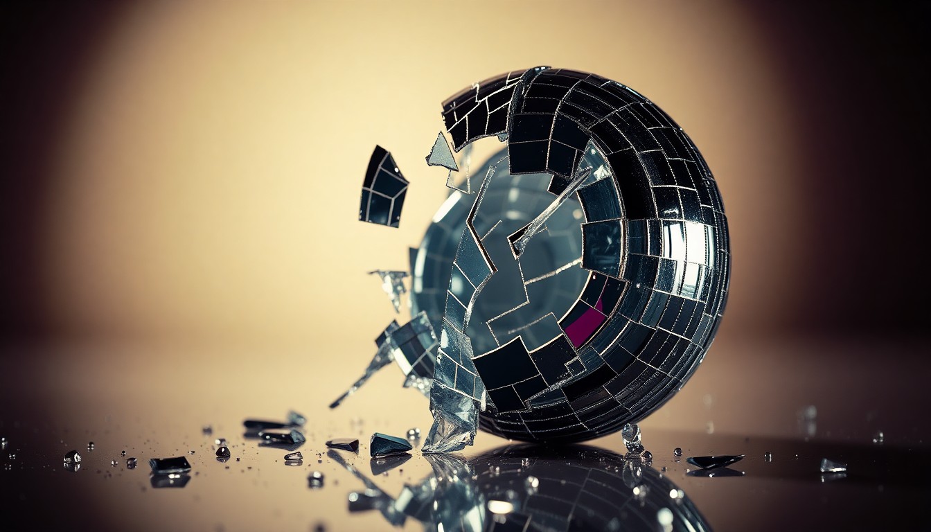 An extreme close-up of shattered glass reflecting a faint red light, conceptually illustrating the fragmented and exploitative nature of the show's treatment of sex work and celebrity culture.