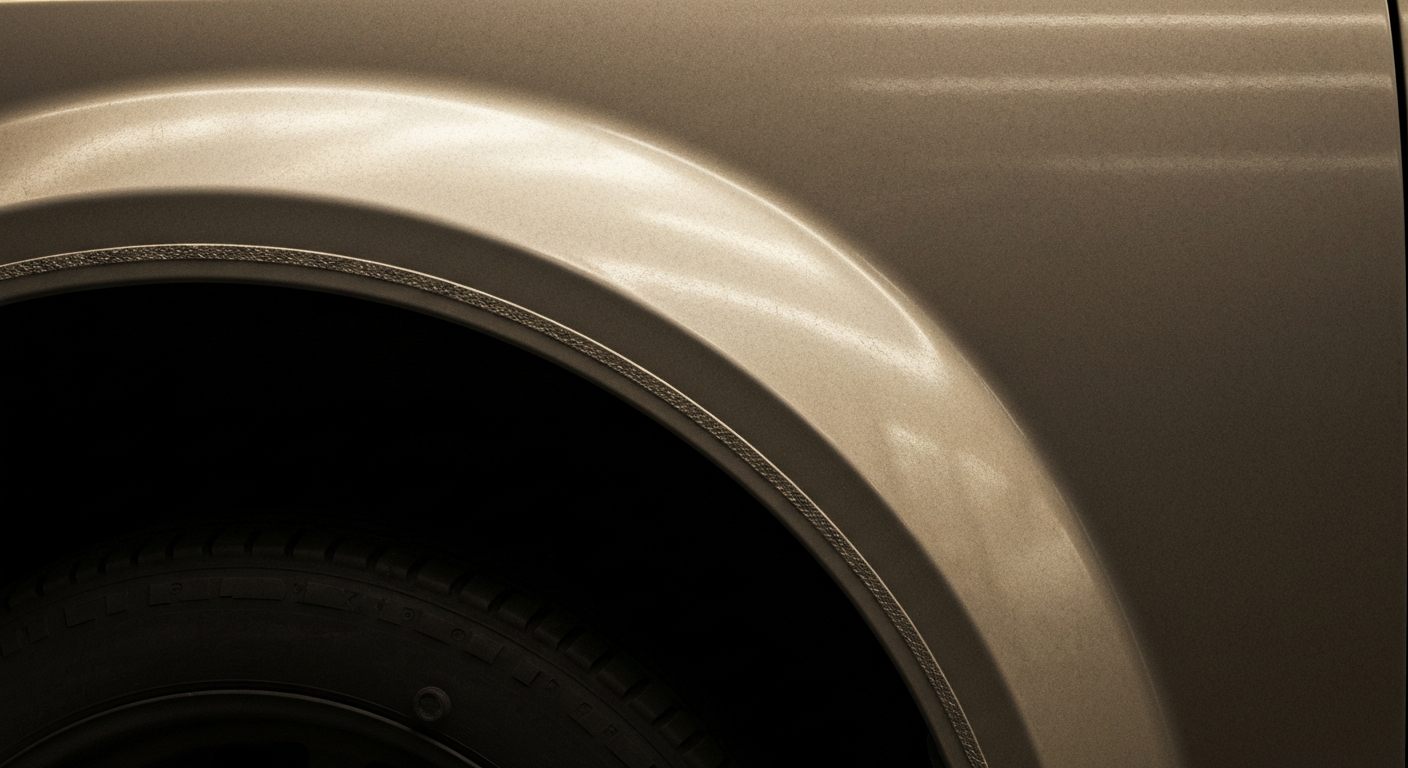 An extreme close-up photograph of the pebbled, metallic surface of an automobile fender, capturing the intricate textures and materials used in automotive repair work.