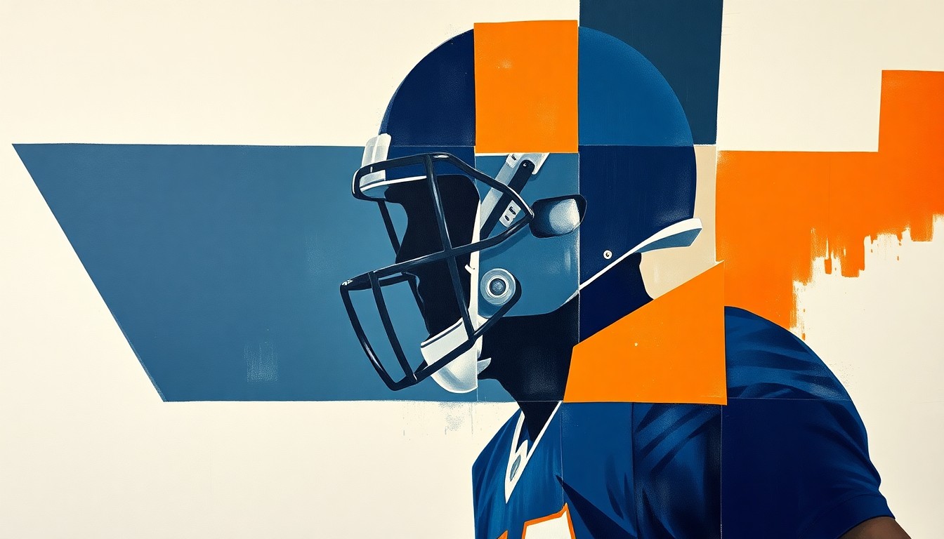 An abstract, cubist-style painting depicting a football player's silhouette breaking down into overlapping geometric shapes and planes, using a palette of navy blue, steel gray, and burnt orange to conceptually represent the Titans' offensive line renovation.