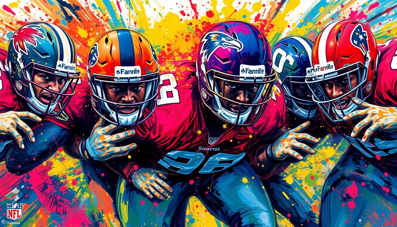 An abstract, energetic painting in neon colors depicting the powerful movements and collisions of an NFL defensive line, with faces and logos blurred into expressionistic brushstrokes.