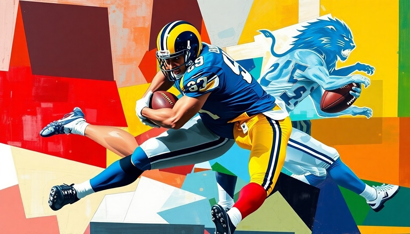 A fragmented, cubist-style painting depicting a football player in the midst of a special teams tackle, with the player's body and the field broken down into sharp, overlapping geometric shapes in vibrant colors.
