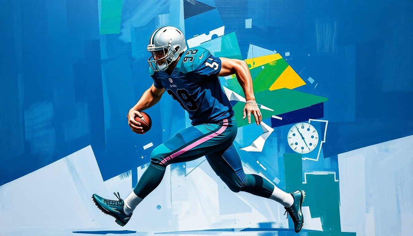 A fragmented, cubist-style painting depicting a football player in mid-stride, with sharp geometric planes in navy, green, and silver colors, conceptually representing the multifaceted contributions of veteran wide receiver Cooper Kupp to the Seahawks' Super Bowl team.