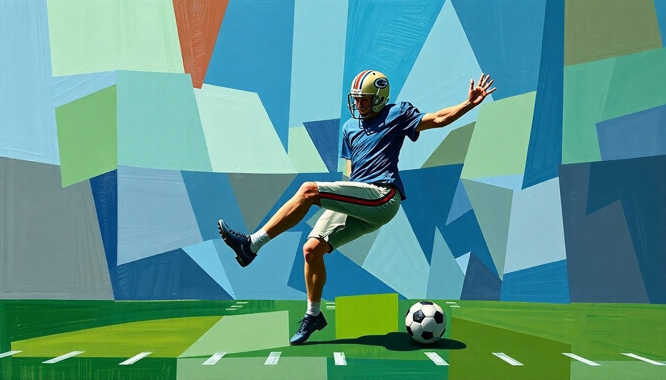 A fragmented, geometric painting depicting a football punter mid-kick, with sharp planes of color and overlapping perspectives conveying the dynamic motion of the action.