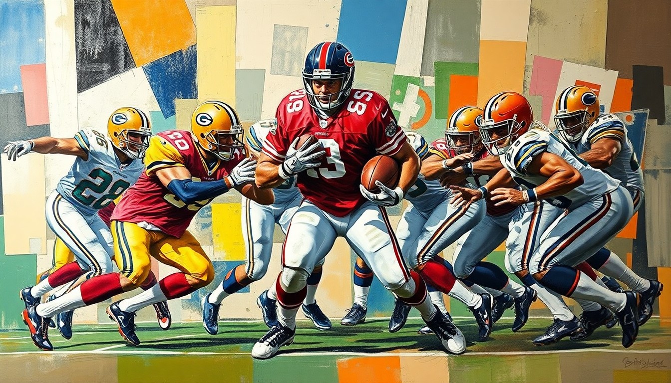 A cubist, geometric painting depicting an NFL offensive line in a state of fragmented, overlapping planes, conceptually representing the challenge of blocking a fierce defensive rush.