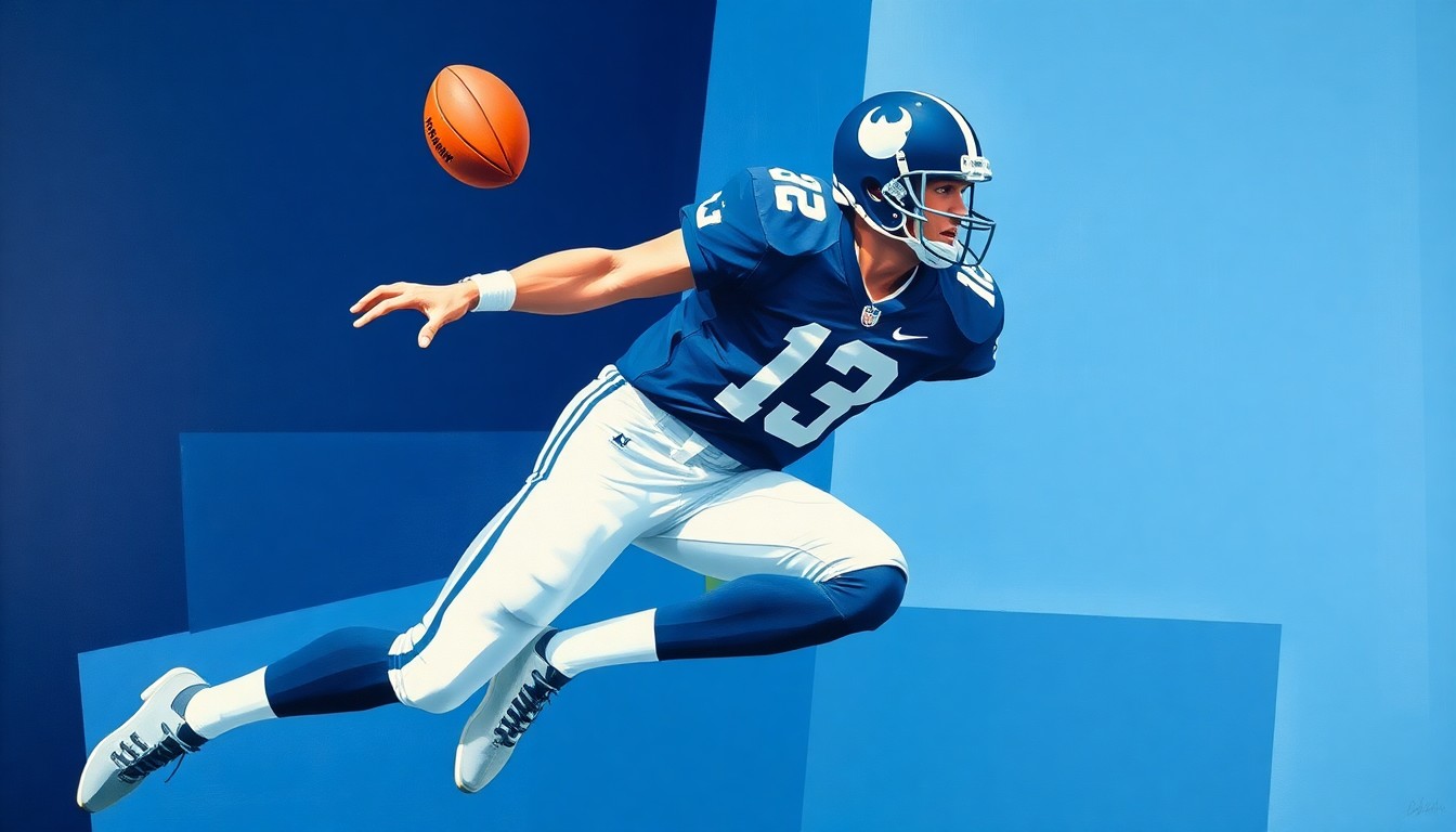 A fragmented, geometric painting depicting a football player in mid-snap motion, with sharp planes of navy blue, powder blue, and white conveying the technical precision and importance of the long snapper role.