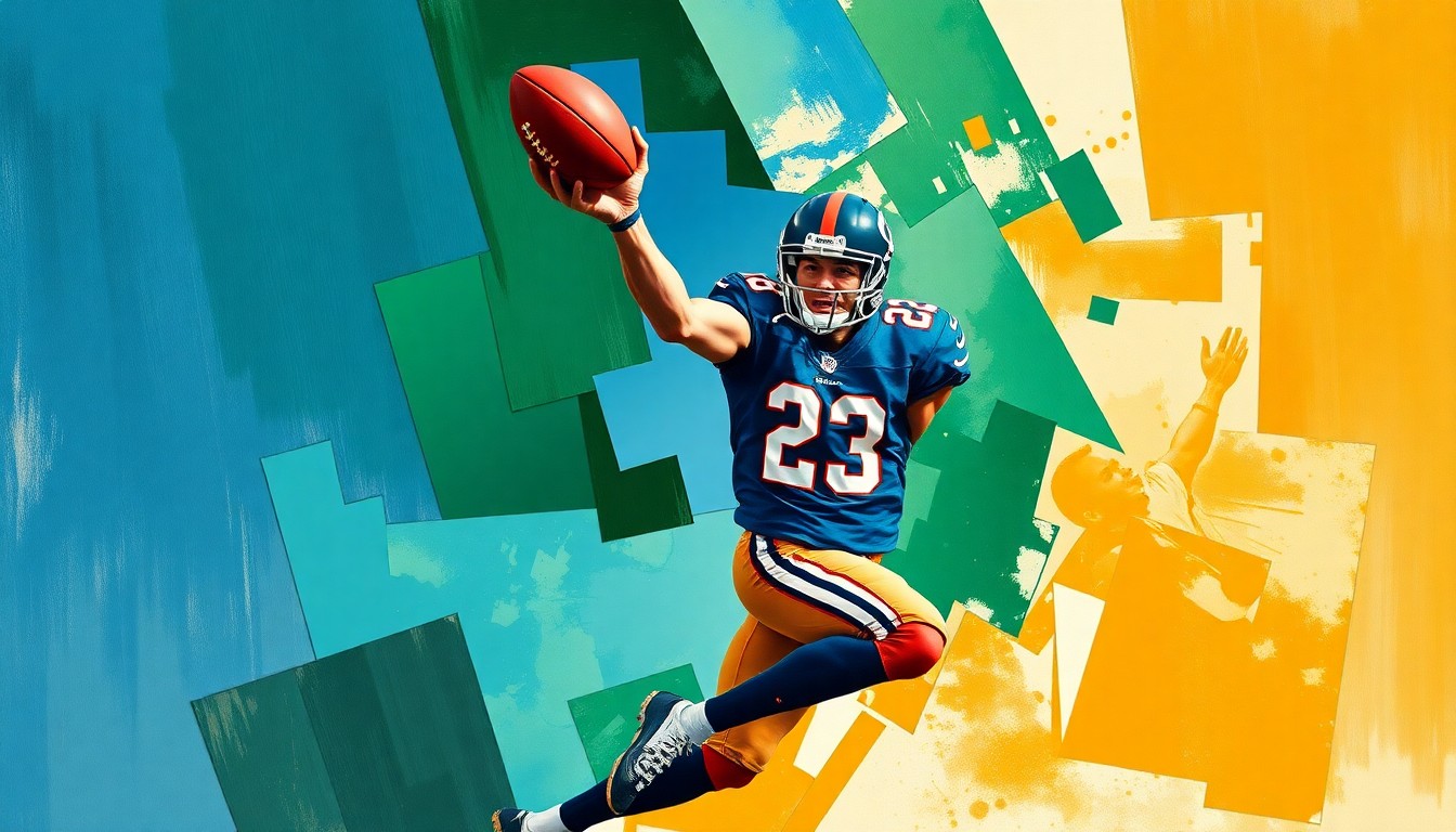 A fractured, geometric painting depicting a football player in mid-catch, their body broken down into sharp, overlapping planes of color, conveying the physicality and intensity of the sport.