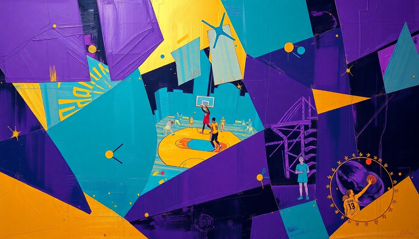 A fragmented, geometric painting depicting a WNBA basketball game, with sharp planes of color and overlapping shapes representing the dynamic action on the court.