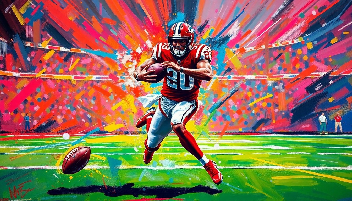 An abstract, energetic painting using vibrant neon colors and expressive brushstrokes to depict the dynamic motion of an NFL wide receiver making a play on the field.