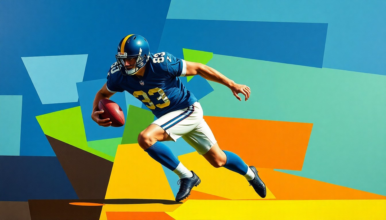 A cubist-style painting depicting a football player in mid-motion, broken down into sharp, overlapping geometric shapes in a palette of navy, lime, and orange, conceptually representing the strategic importance of retaining a key offensive weapon.