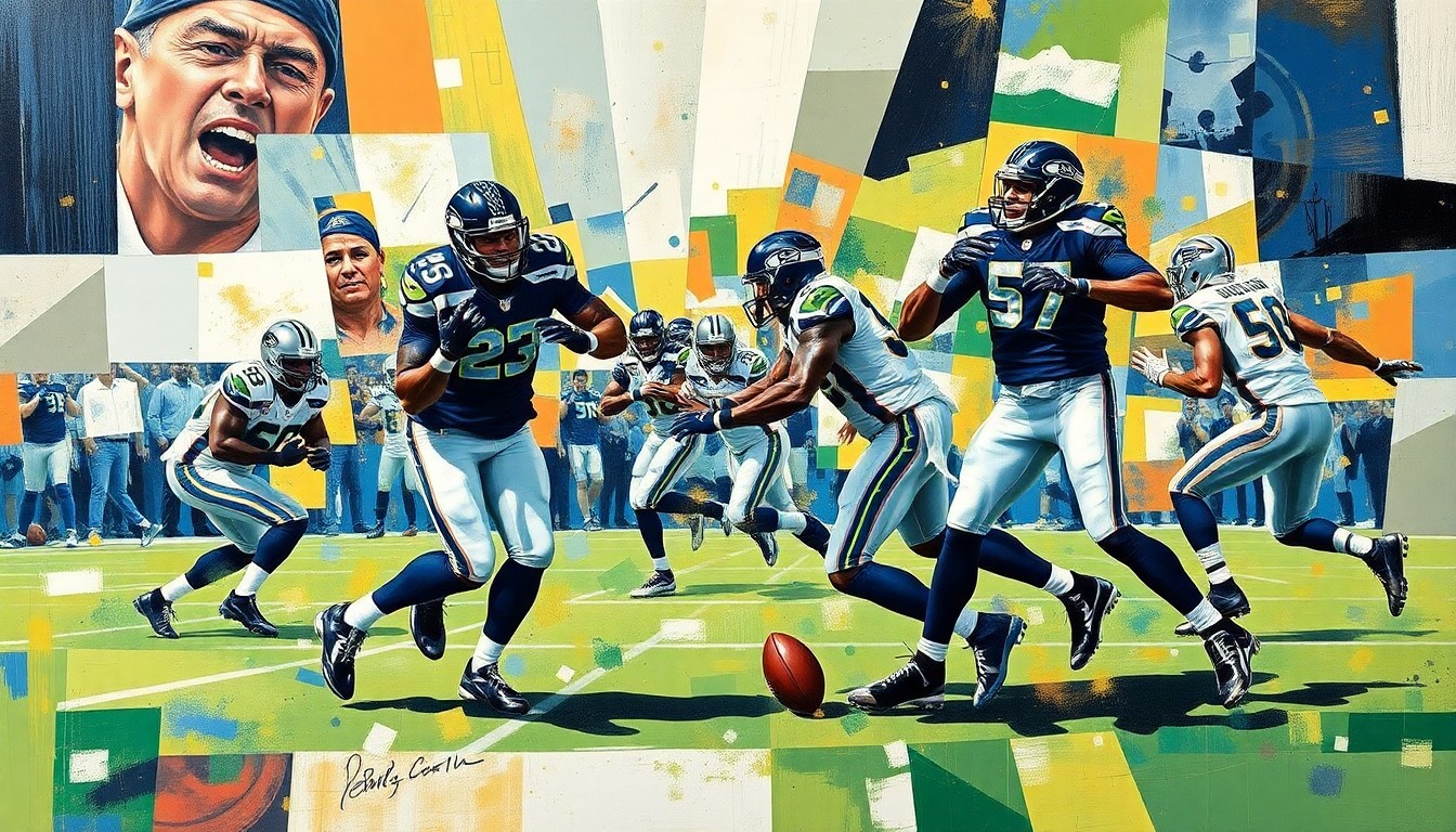 A fractured, cubist-style painting depicting a Seahawks special teams play, with sharp geometric shapes and planes of color capturing the raw energy and dynamism of the action.