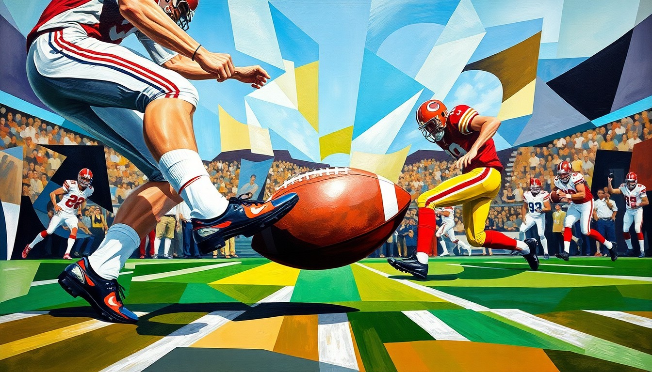 A fractured, cubist-style painting depicting the kicking and punting motions of a football game, with the players and ball broken down into sharp, overlapping geometric shapes and planes in a vibrant color palette.