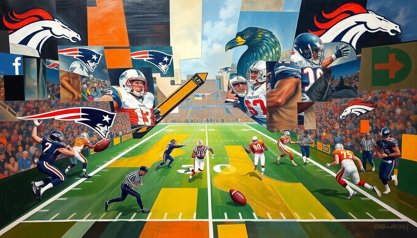 A cubist, geometric painting depicting the intense action of an NFL playoff game, with fragmented shapes and planes representing the players, ball, and field in motion.