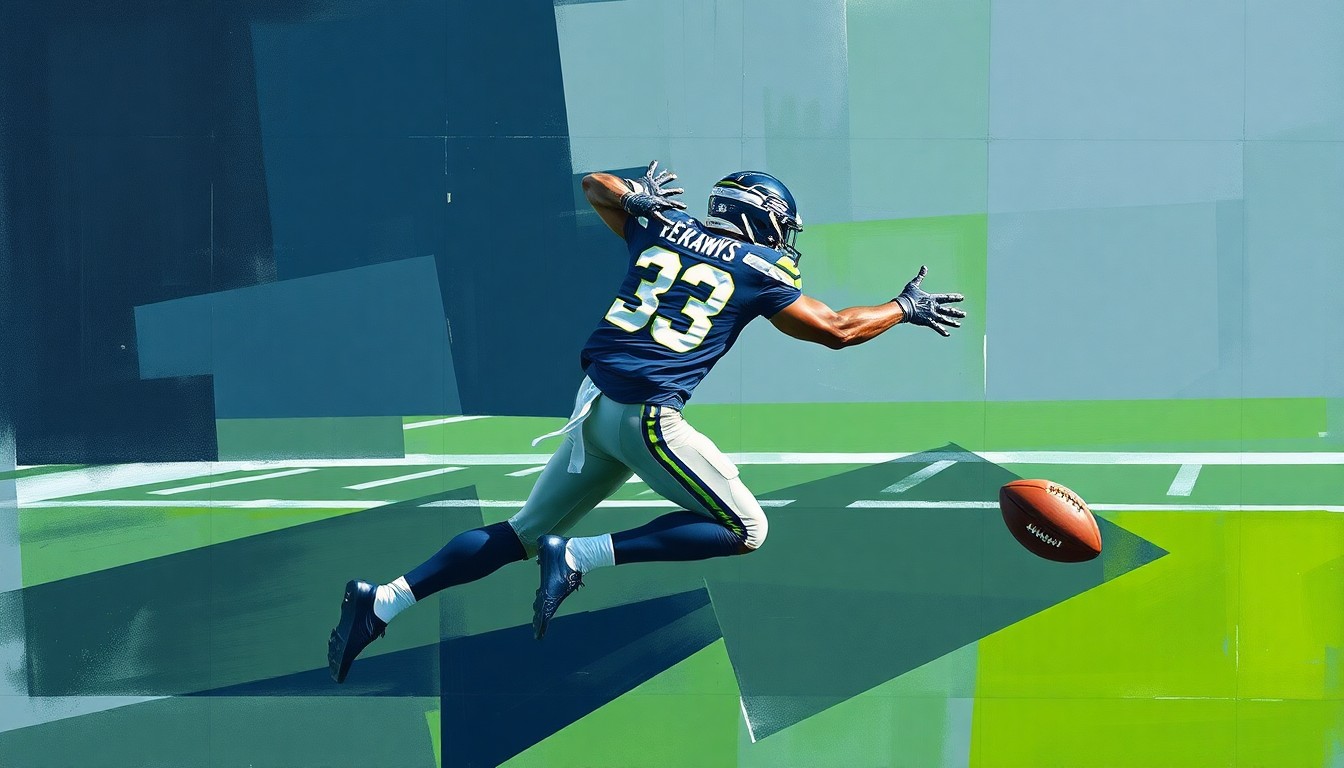 A fragmented, multi-angled painting depicting a Seahawks defensive player in action, with sharp, overlapping geometric shapes in muted navy, green, and grey tones conveying the intensity of the Super Bowl matchup.