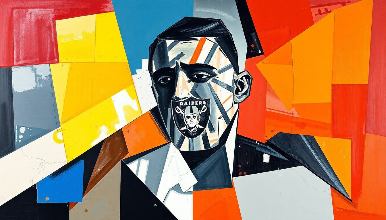 A fragmented, cubist-style painting depicting the selection of a football player in the 2026 NFL Draft, with sharp geometric shapes and planes representing the energy and anticipation of the event.
