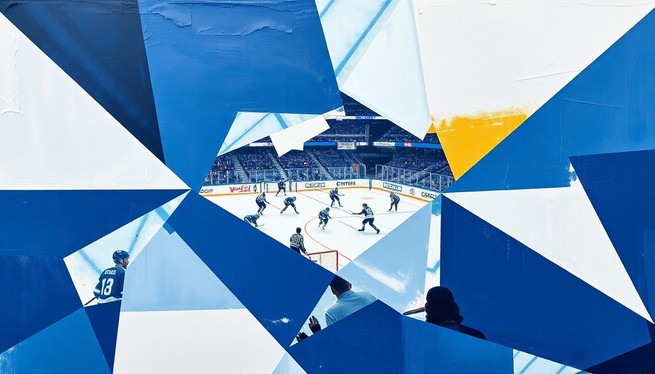 A cubist, geometric painting depicting a hockey game in progress, with sharp, overlapping planes of blue, white, and gold representing the players, puck, and arena.