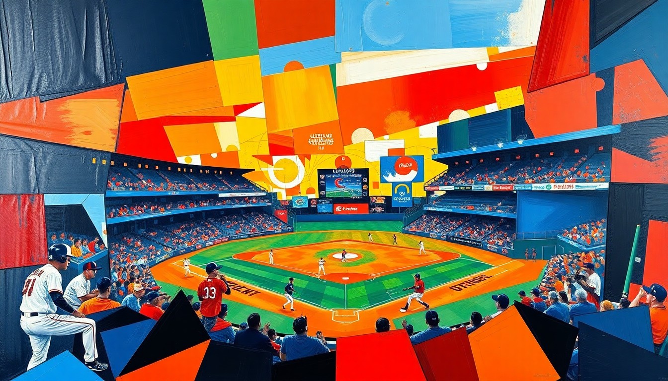 A fractured, cubist-style painting depicting a baseball game, with sharp geometric shapes in the Guardians' and Orioles' team colors colliding to represent the action on the field.