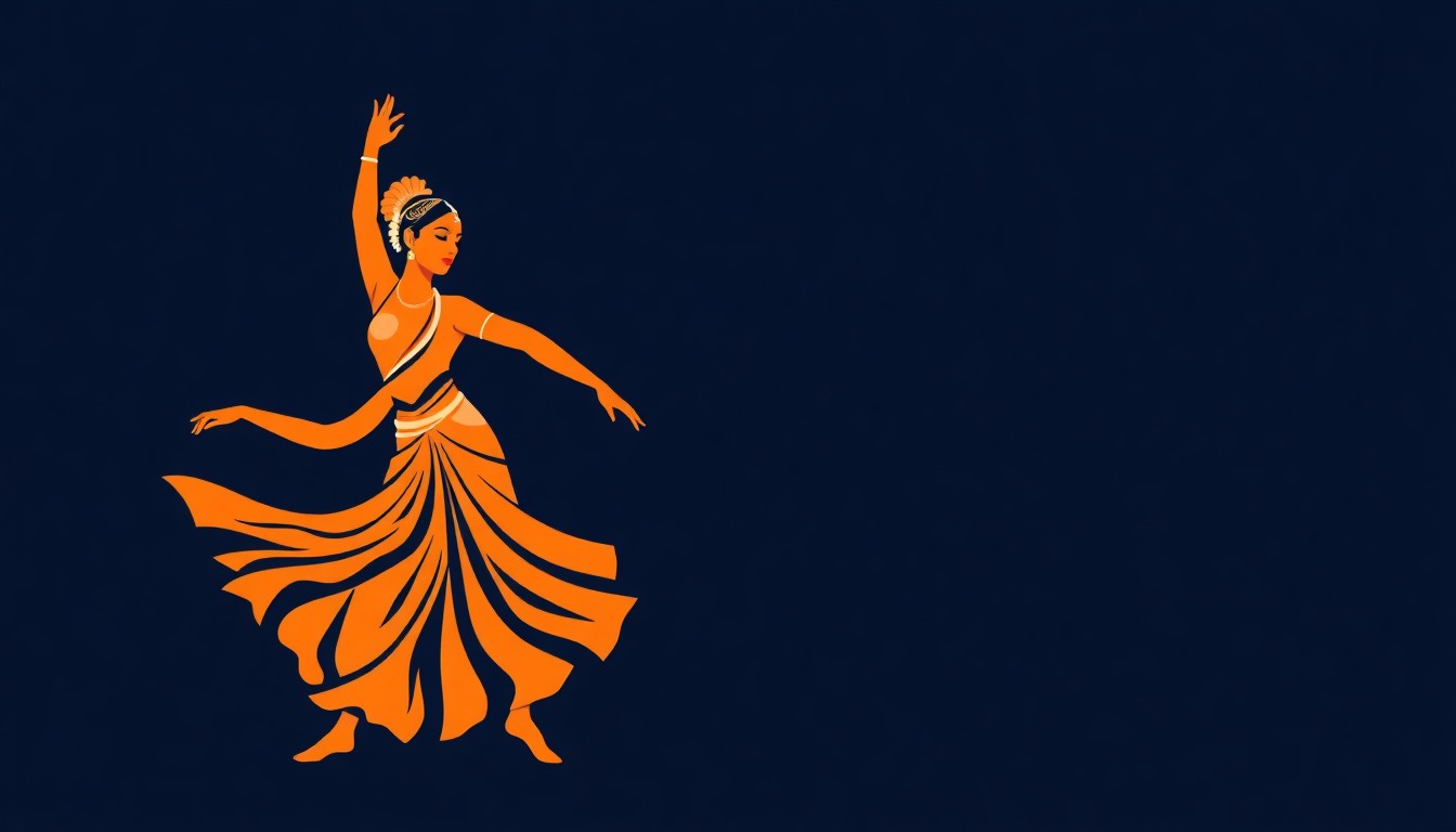 An abstract, geometric composition in deep indigo, vibrant orange, and warm ochre, capturing the graceful movements and rich cultural heritage of Indian classical dance.
