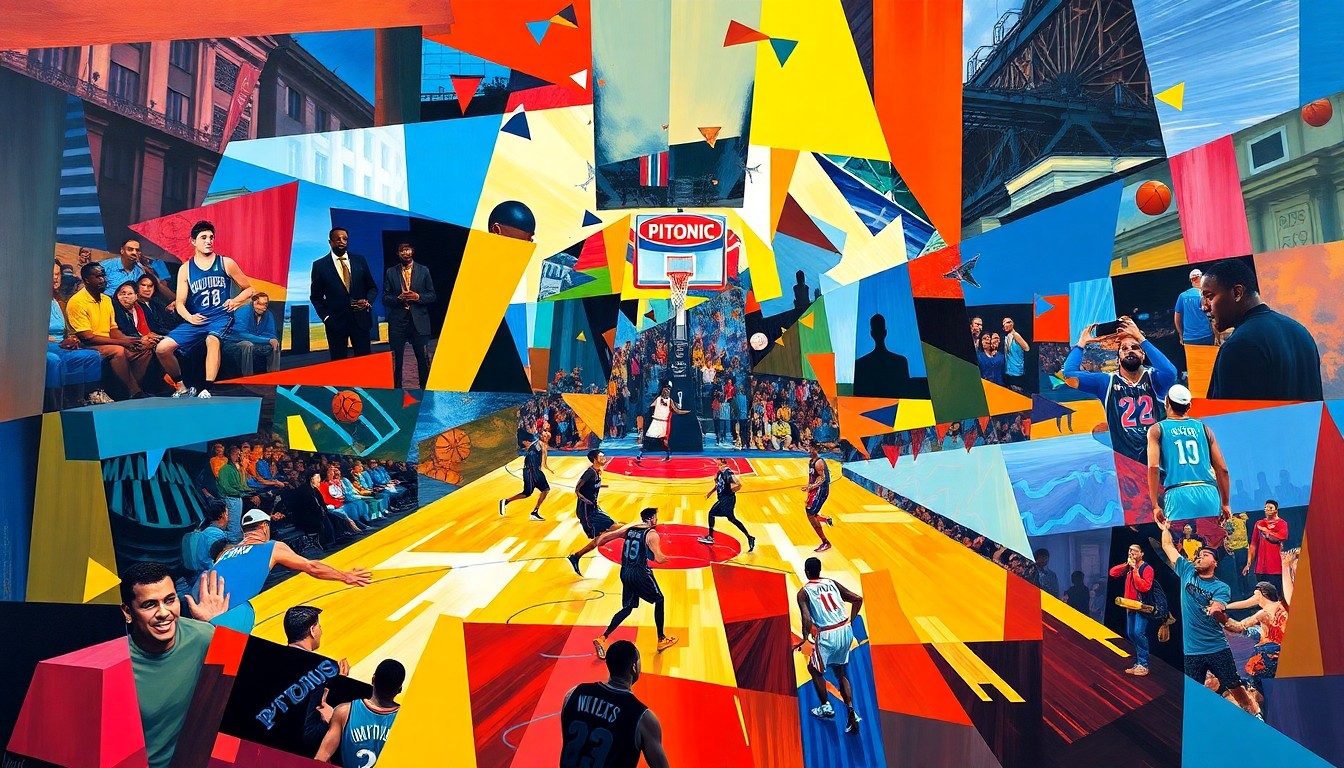 A cubist, geometric painting depicting the dynamic action of a basketball game, with overlapping planes of bright blues, reds, and yellows representing the players and movement on the court.