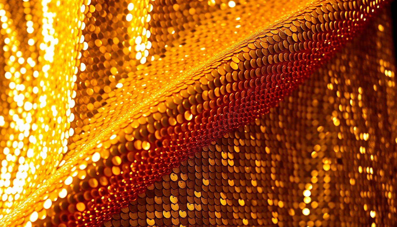 An extreme close-up of a luxurious, glittering gold sequin fabric, capturing the high-fashion aesthetic of celebrity culture through dramatic studio lighting and abstract texture.