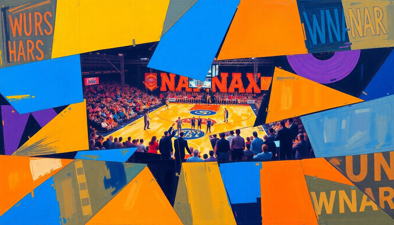 A cubist, geometric painting depicting fragmented, overlapping shapes and planes in vibrant colors, conceptually representing the transformative energy of the 2026 WNBA Draft.