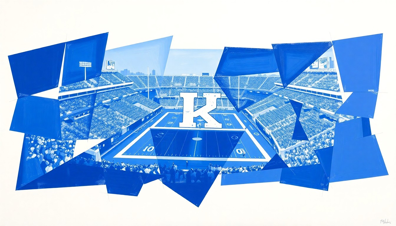 A cubist, geometric painting featuring overlapping planes of blue and white, conceptually representing the competitive action of a Kentucky football game.