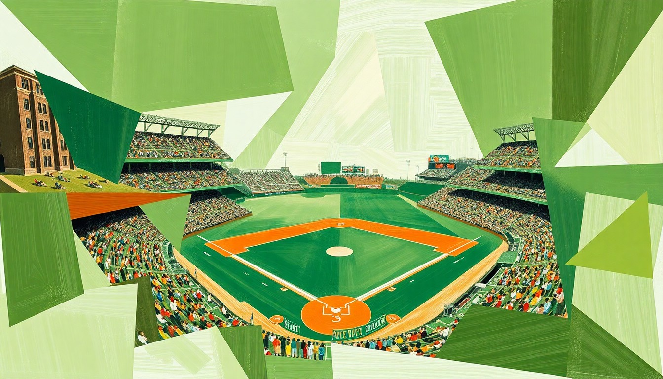 A fragmented, geometric painting depicting the chaotic final moments of a college baseball game, with overlapping shapes and planes of color representing the action on the field.