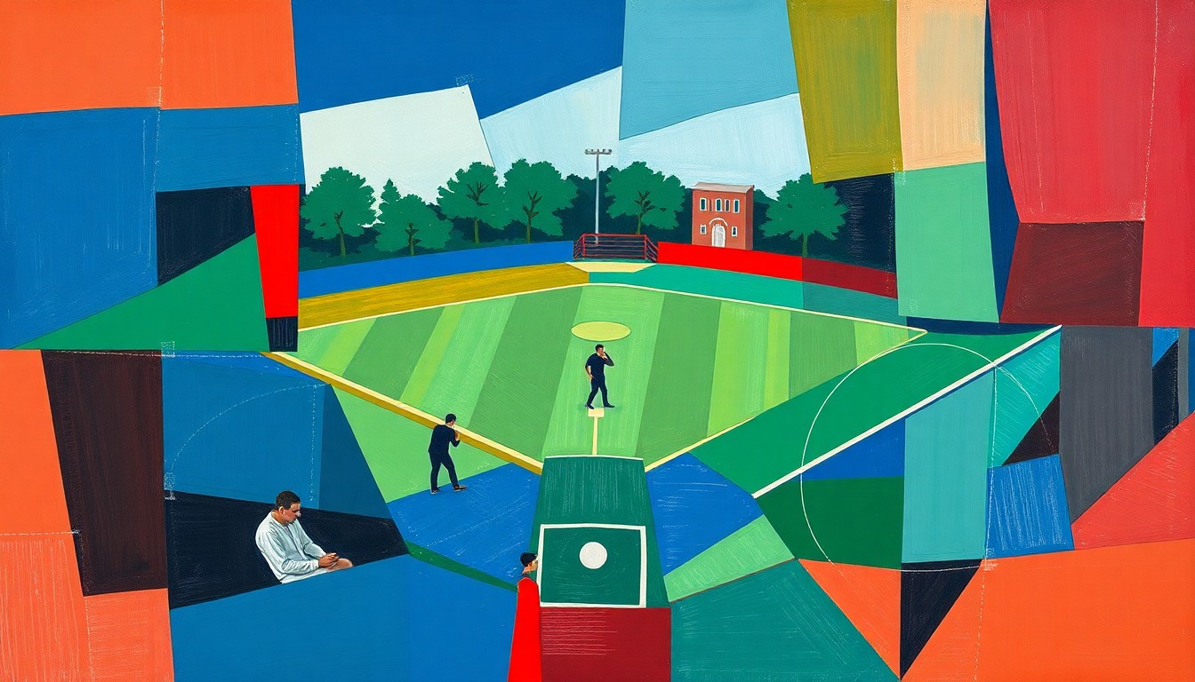 A fragmented, geometric painting depicting the dynamic movements and energy of a high school softball game, with sharp planes of navy, green, and red colliding to create a sense of motion and intensity.