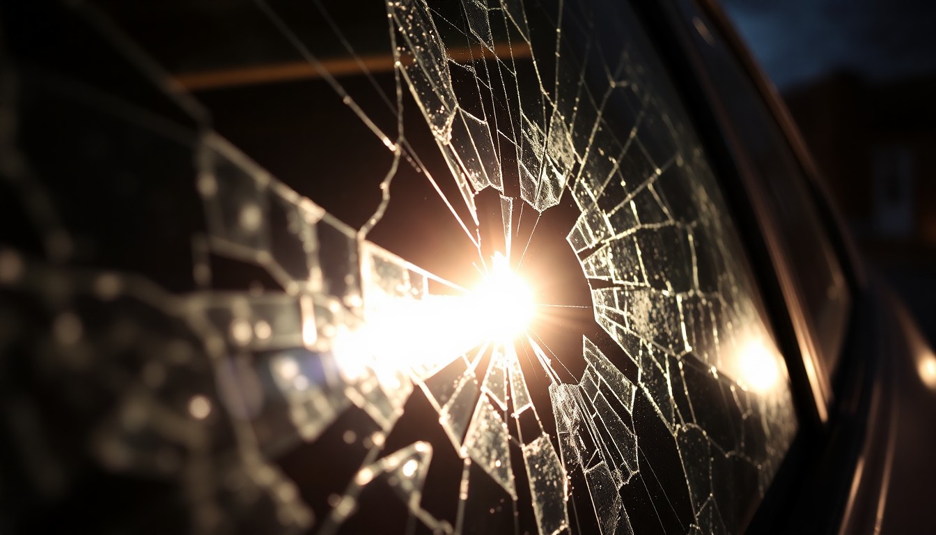 An extreme close-up photograph of a shattered car window reflecting the harsh glare of a camera flash, conceptually illustrating the vandalism and property damage experienced by residents.