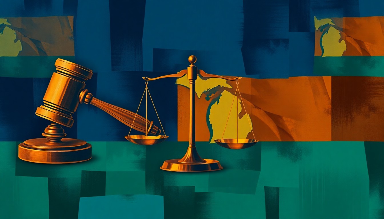 A dynamic, abstract painting featuring repeated geometric shapes and overlapping brushstrokes in shades of blue, green, and orange, conceptually representing the high-stakes battle for Michigan's attorney general.
