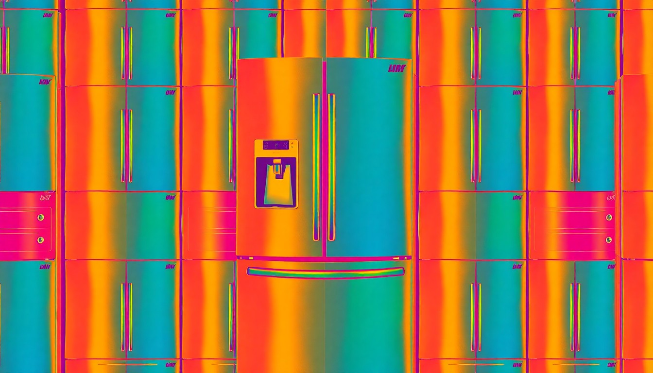 A grid of brightly colored, high-contrast silkscreen prints of a stainless steel refrigerator or oven, rendered in a bold, abstract pop art style with overlapping neon hues and heavy black outlines, conceptually representing the luxury appliances and sustainable features of the Visionaire condominium.