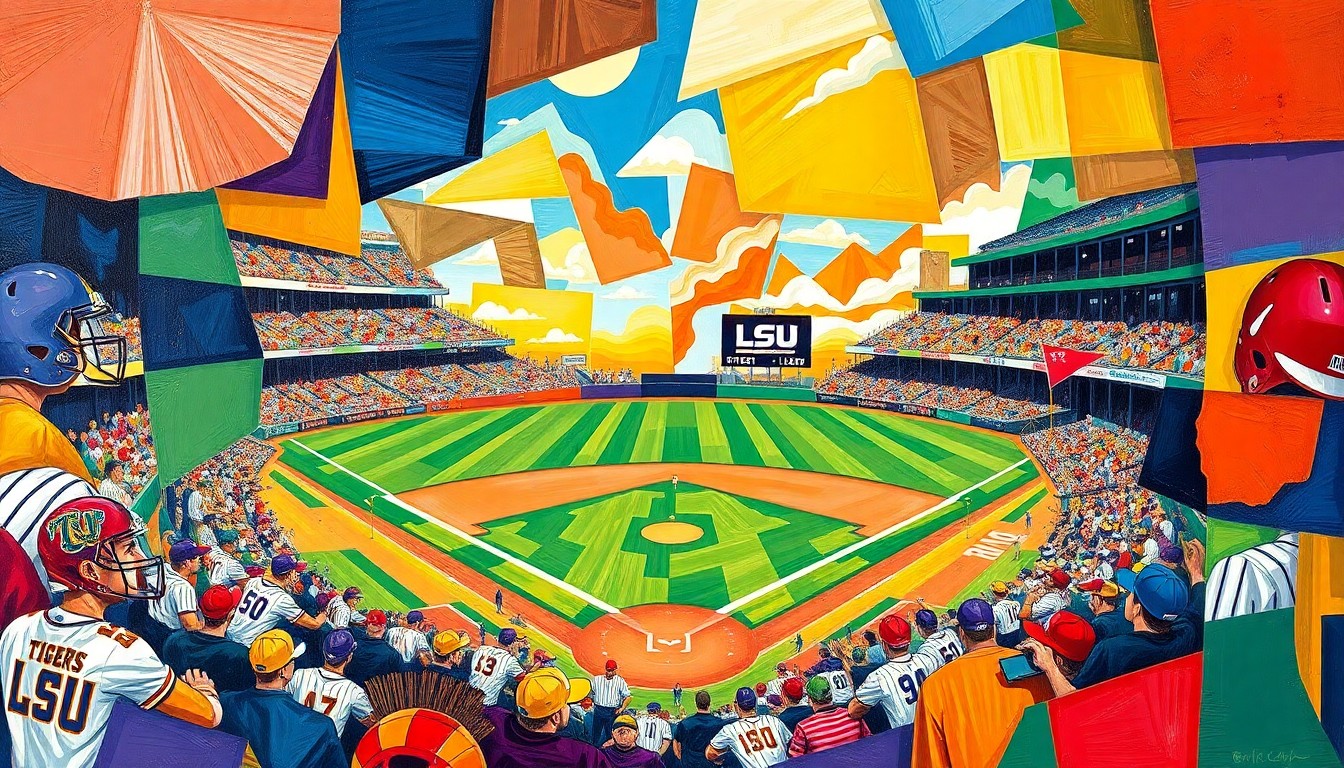A fractured, multi-perspective painting depicting a college baseball game, with sharp geometric planes in the colors of the LSU Tigers and Texas A&M Aggies uniforms, capturing the raw energy and competitive spirit of the matchup.