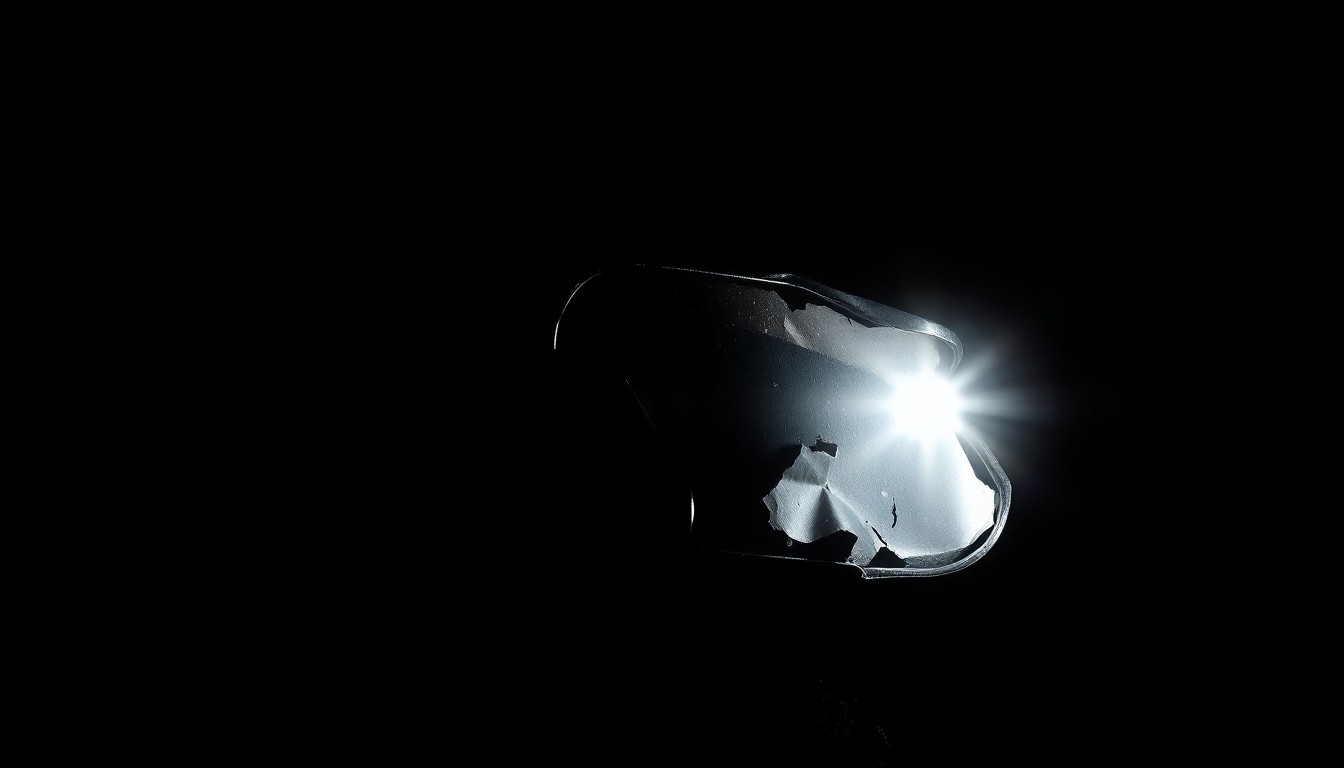 An extreme close-up photograph of a damaged car part, such as a shattered side mirror or crumpled fender, lit by a harsh camera flash against a pitch-black background, conceptually illustrating the aftermath of a high-speed highway collision.