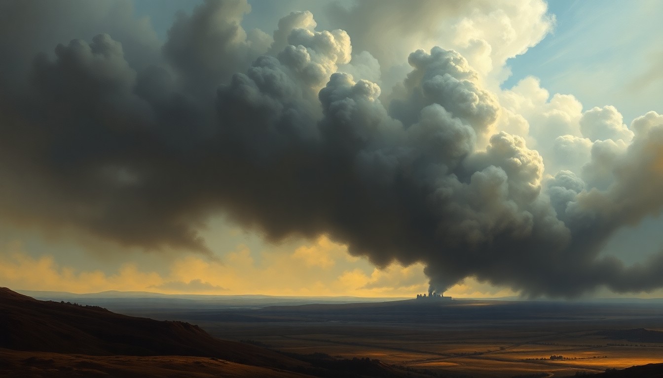 A sweeping, atmospheric landscape painting depicting a massive cloud of dark smoke rising from a small, obscured structure in the distance, dwarfed by the overwhelming scale of the natural environment.