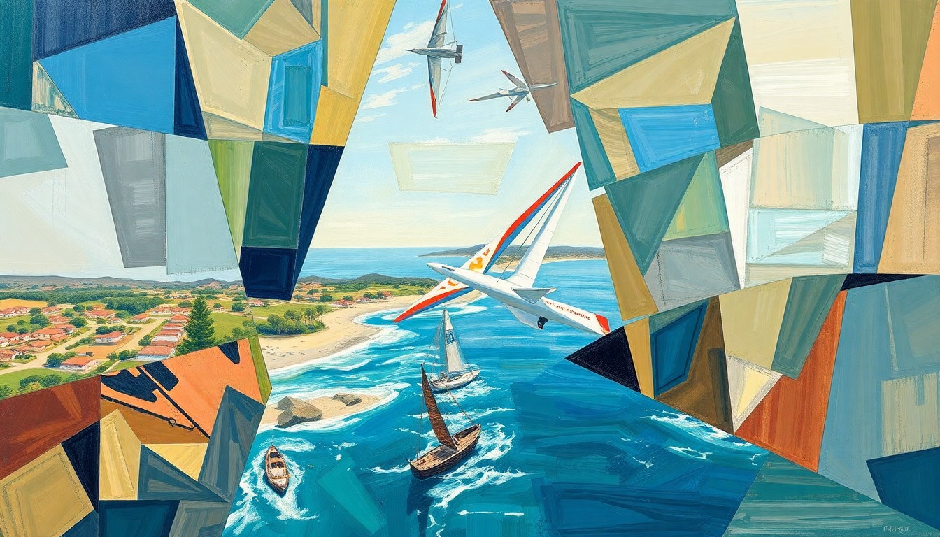A cubist, geometric painting depicting the rescue of two hang glider pilots from the cliffs at Torrey Pines Glider Port, with overlapping planes and shapes representing the complex operation.