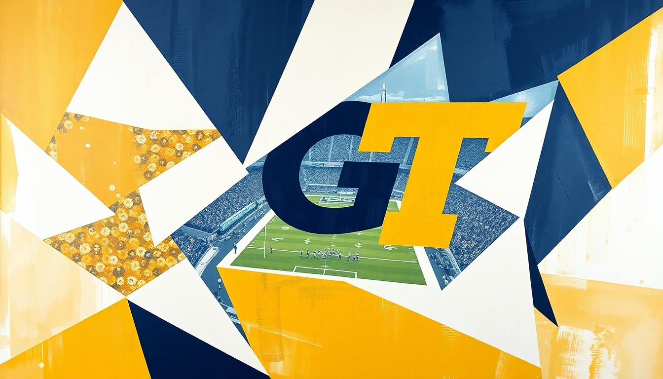 A cubist, geometric painting featuring overlapping planes of gold, white, and navy blue, representing the action and movement of a Georgia Tech football game.