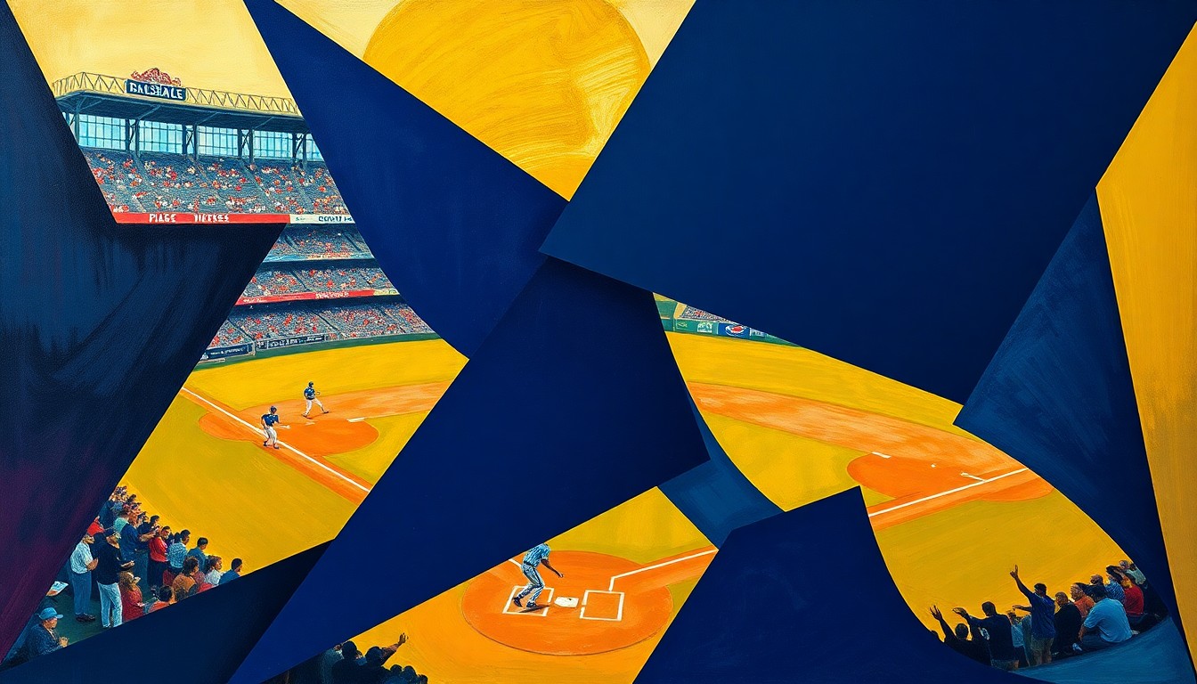 A cubist-style painting depicting a baseball game, with the players and field reduced to angular, intersecting shapes in a vibrant color palette.