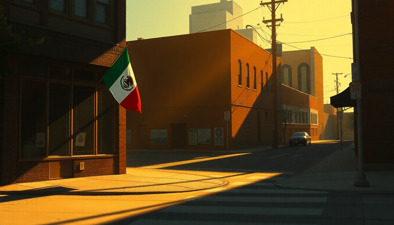 A serene, cinematic painting of an empty street corner in Chicago's Little Village, with a lone Mexican flag hanging from a storefront, capturing the melancholy mood of a canceled cultural celebration.