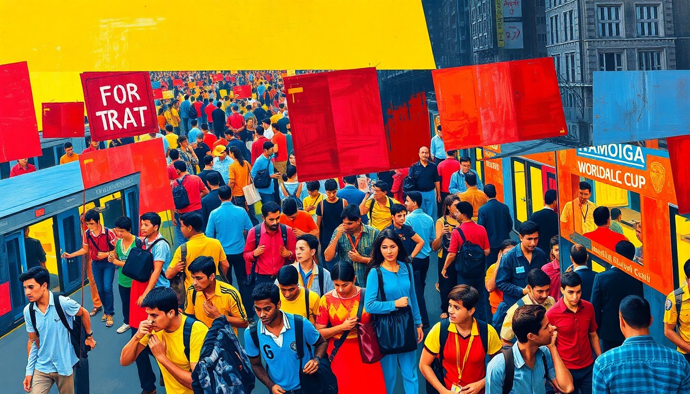 A fractured, cubist-style painting depicting the chaotic energy of World Cup fans rushing through a busy transit hub, with vibrant colors and sharp geometric shapes capturing the frenetic movement and tension.