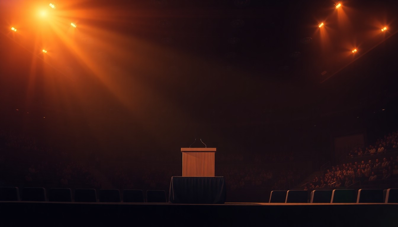 A moody, cinematic painting of an empty podium in a large, shadowy convention hall, with warm diagonal sunlight casting deep shadows, conveying a sense of political isolation and uncertainty.