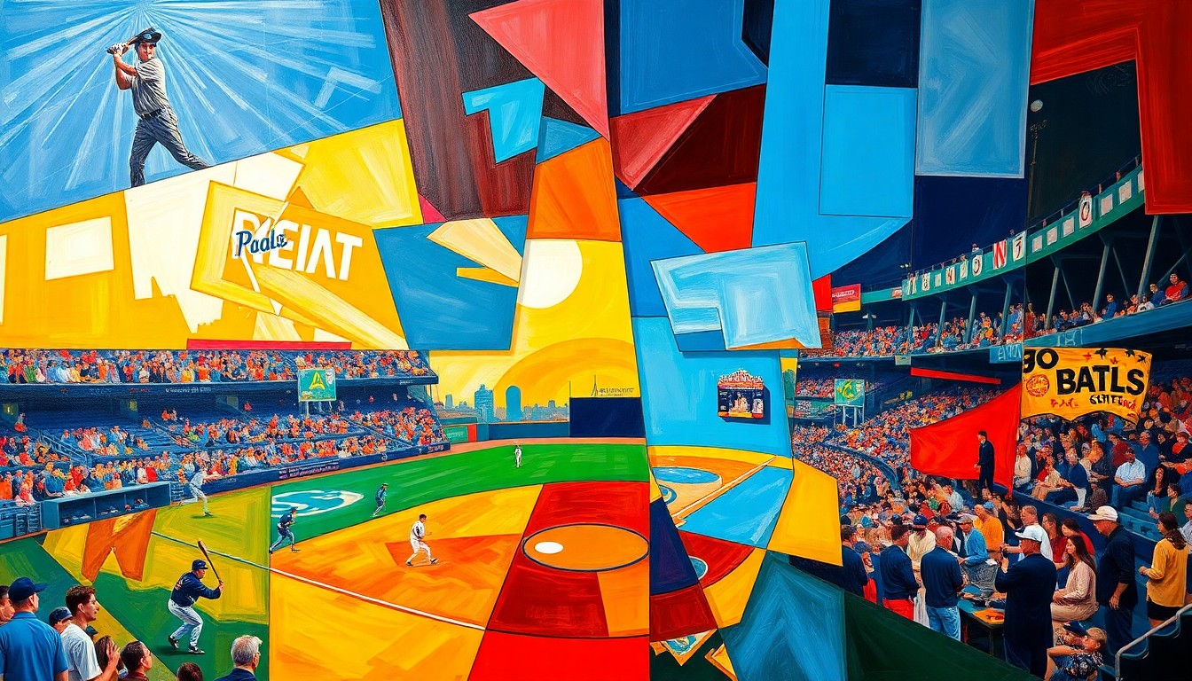A cubist, geometric painting depicting a baseball game or competition, with sharp, overlapping planes of color representing the various players and actions on the field.