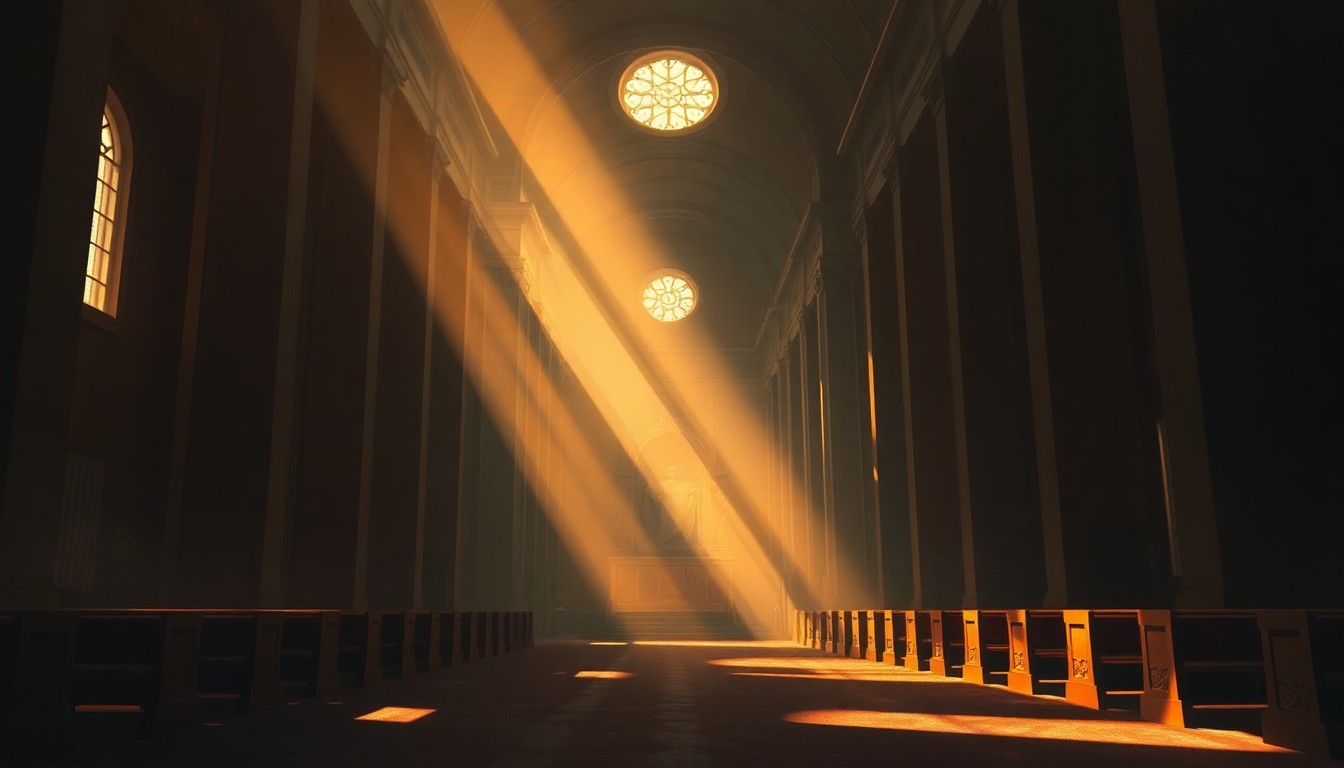 A dimly lit, cinematic interior of a Catholic cathedral with warm sunlight streaming through the stained glass windows, creating a contemplative and nostalgic mood that belies the political tensions surrounding the Pope's controversial statements.