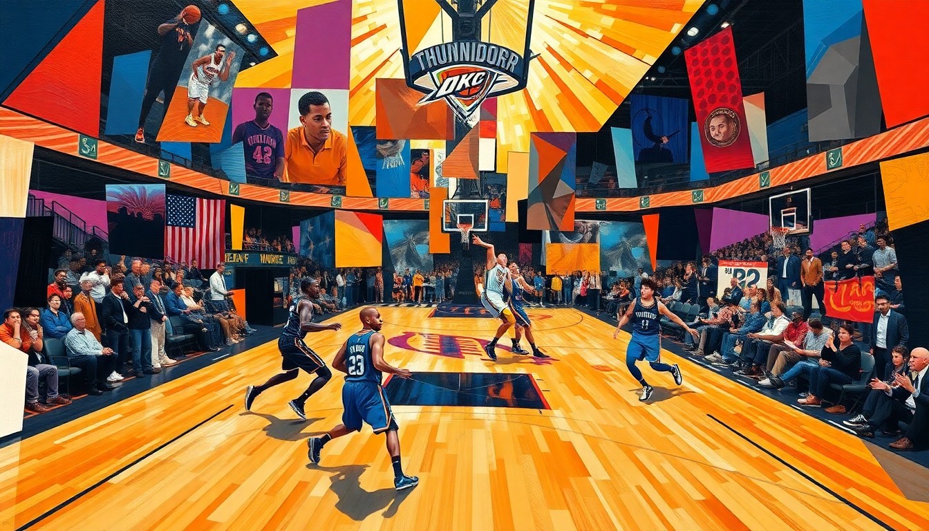 A cubist, geometric painting depicting the dynamic action of a basketball game, with players' movements and the court's energy broken down into sharp, overlapping planes of color and shape.