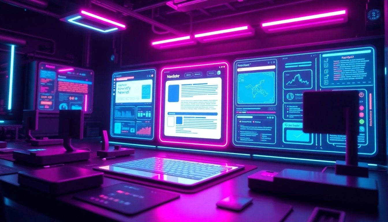A highly detailed 3D illustration of a glowing, futuristic newsletter production interface with neon cyan and magenta lights, conveying a sense of advanced, AI-powered technology powering the newsletter curation and publication workflow.