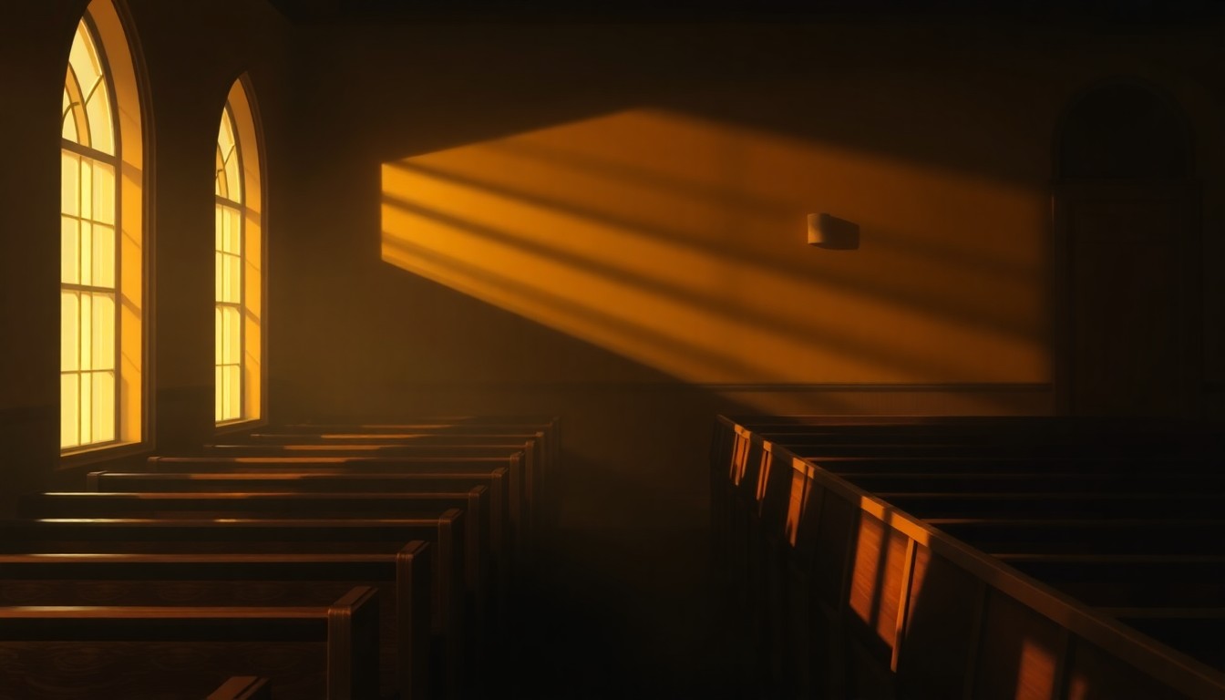 A dimly lit, cinematic painting of an empty church pew bathed in warm, diagonal sunlight and deep shadows, conveying a sense of solemnity and contemplation in the face of political tensions.